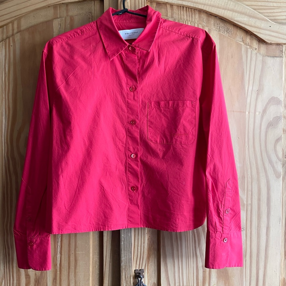 Equipment Femme Racing Red Button Down Cropped Cotton Shirt Size S